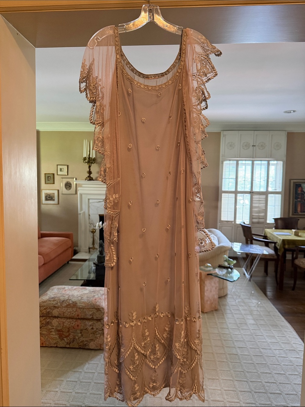 90s Vintage Embroidered Mauve Beaded Sheer Dress